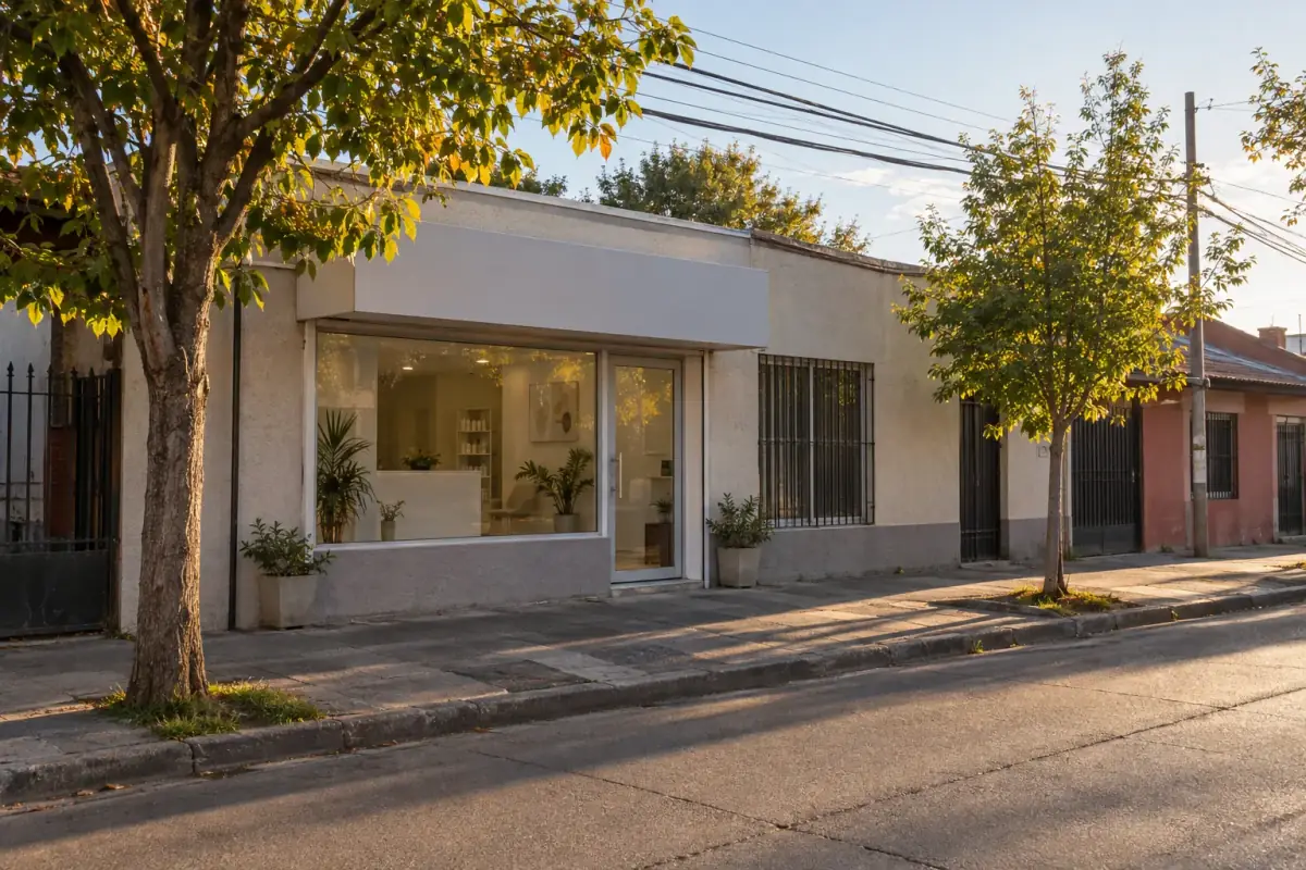 Cabina de tratamiento con lámpara de aumento, camilla y toallas blancas