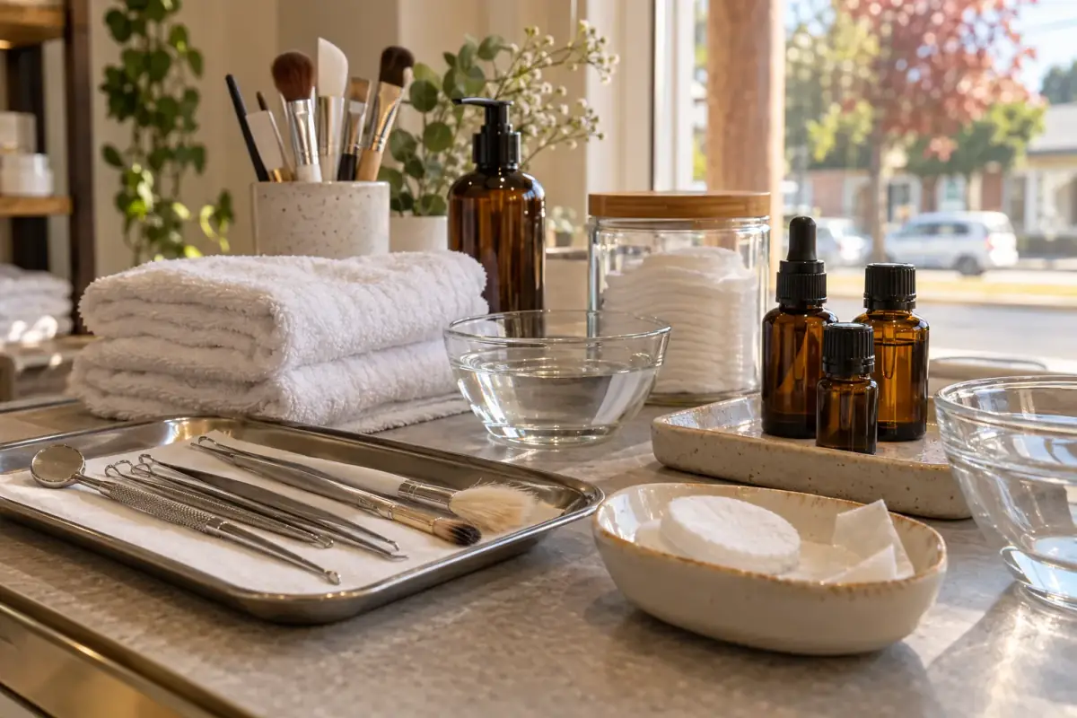 Repisas de madera con líneas de productos dermocosméticos ordenados