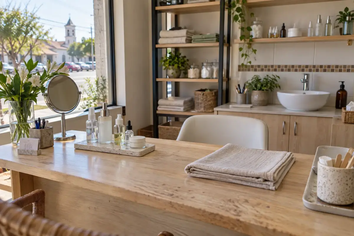 Mesa de consulta con espejo, productos de skincare y flores frente al ventanal