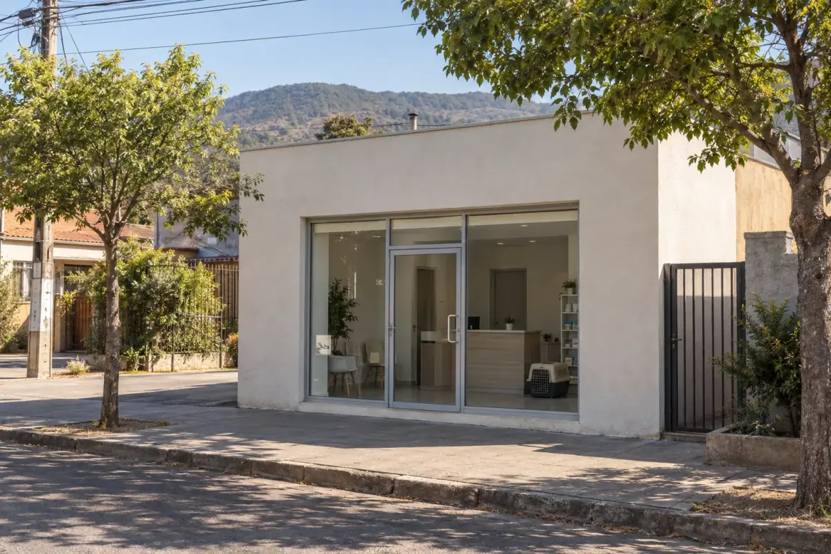 Fachada de la clínica en una esquina de Linares, con el cerro de fondo