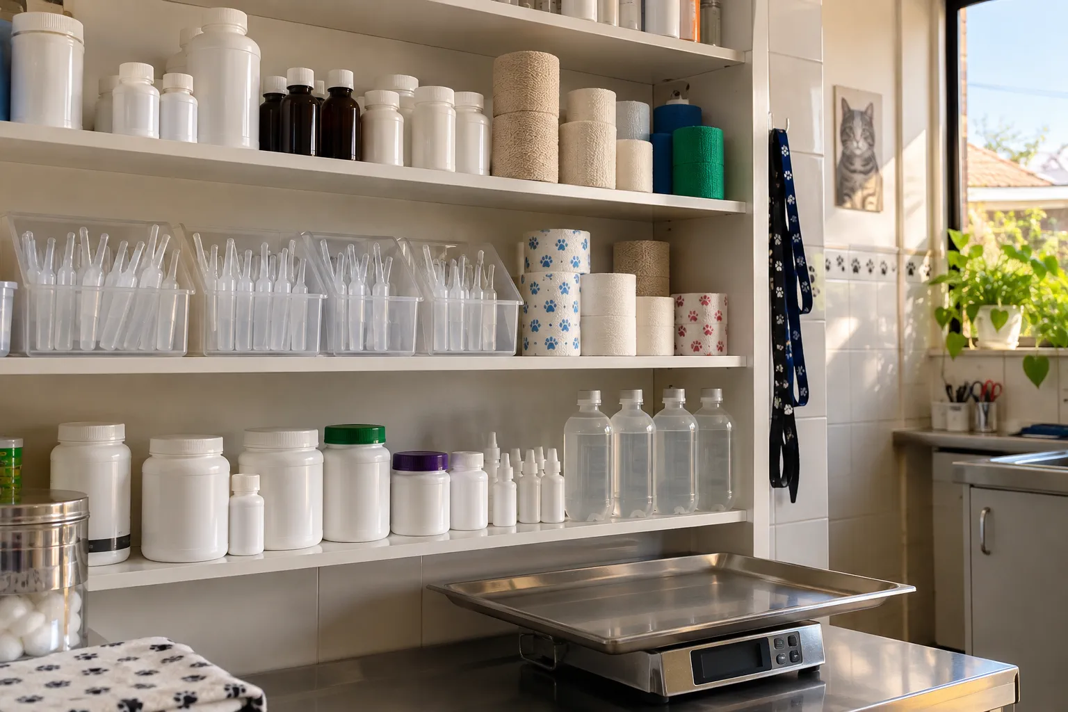 Estanterías de la farmacia veterinaria con medicamentos, vendas e insumos