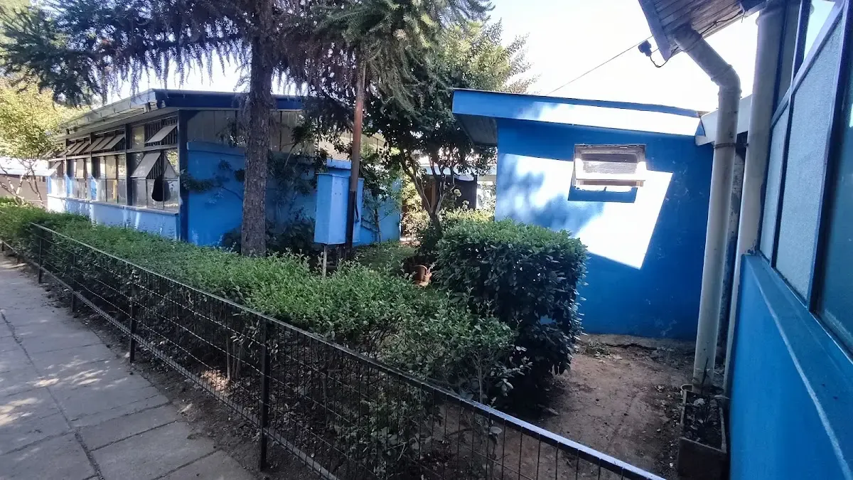 Pabellones azules de la escuela vistos desde el jardín interior