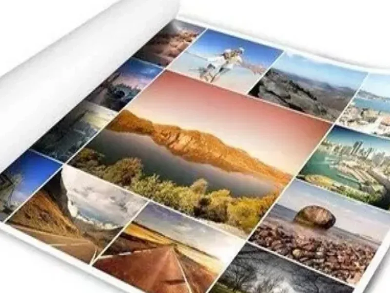 Pliego de impresión fotográfica con mosaico de paisajes