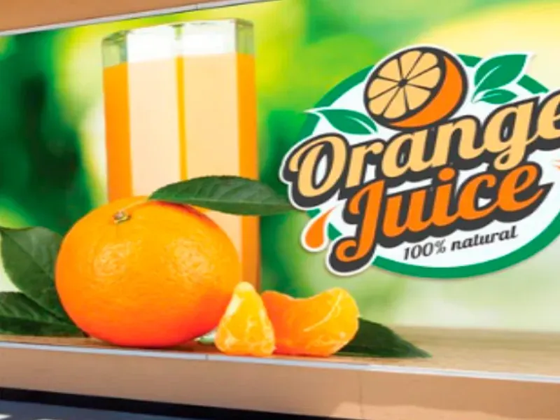 Vinilo impreso de jugo de naranja instalado en superficie