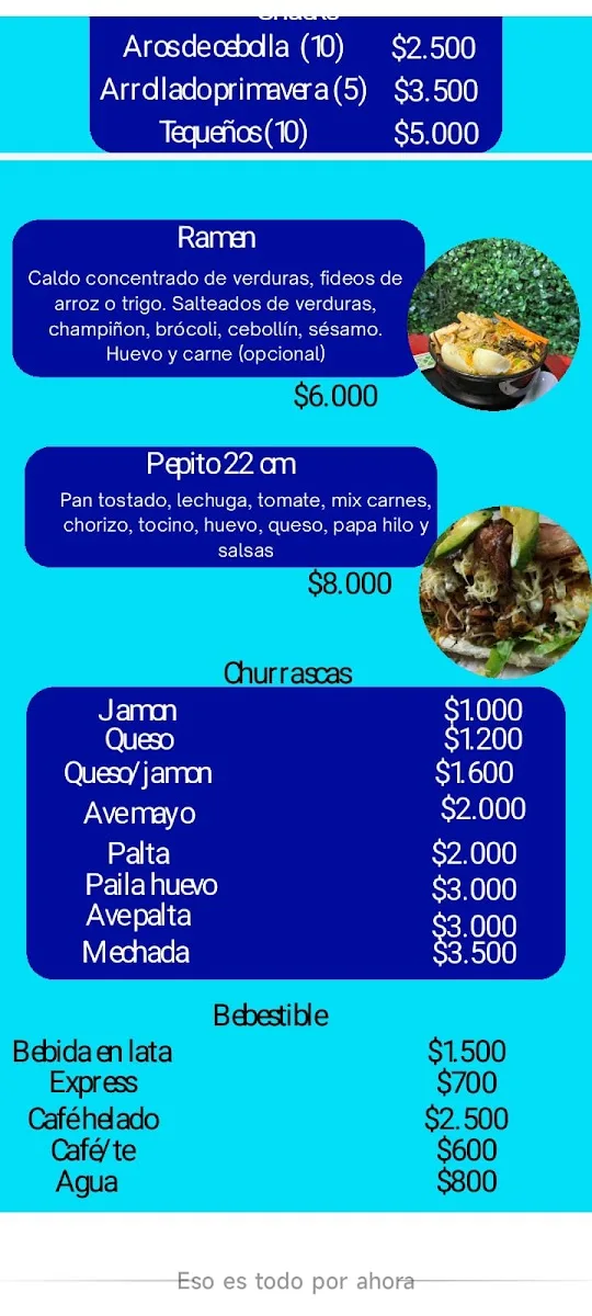 Carta real de Come y Calla: ramen, pepito, agregados y bebestibles