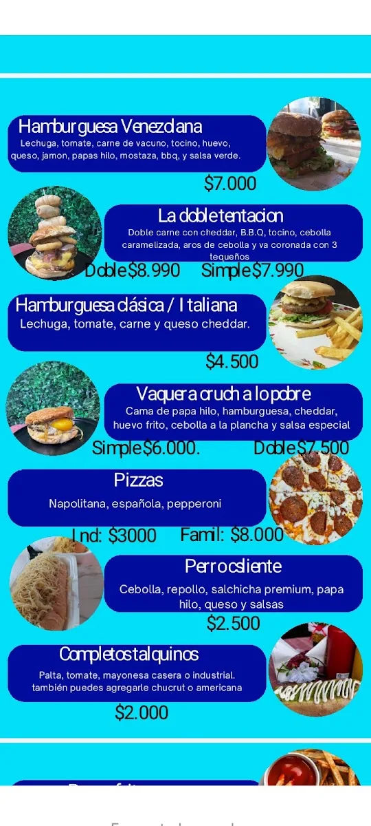 Carta real de Come y Calla: hamburguesas, completos y pizzas