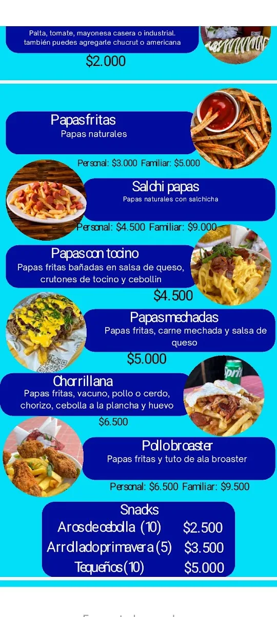 Carta real de Come y Calla: papas fritas, chorrillana y snacks