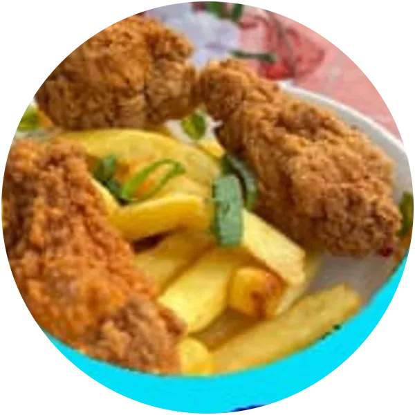 Pollo broaster con papas fritas
