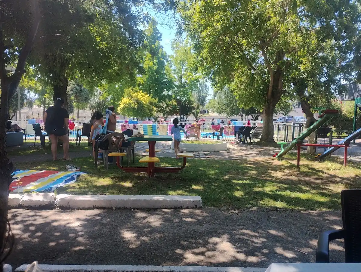 Área de parque con árboles, mesas de picnic y juegos infantiles