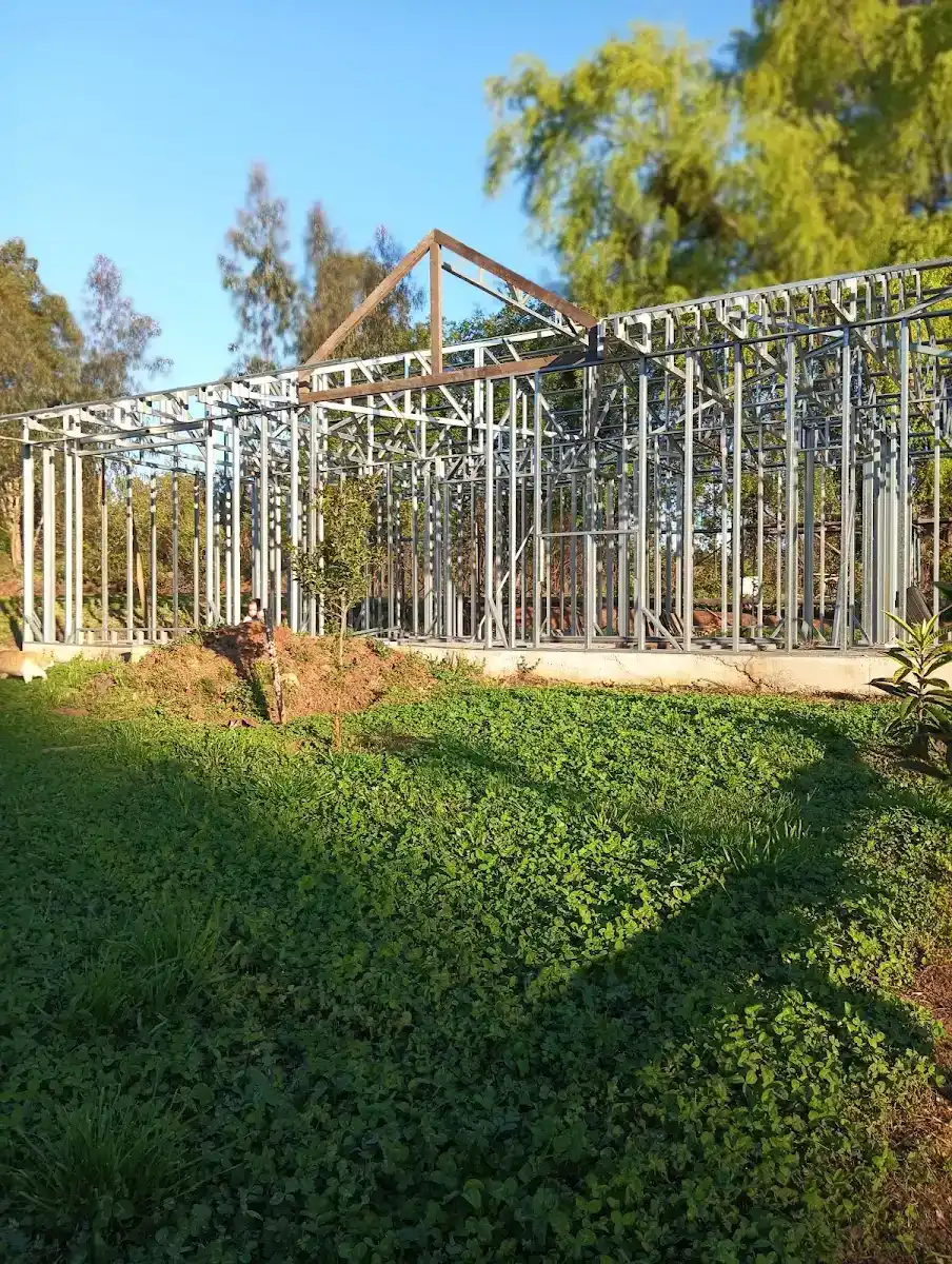 Entramado de steel framing en obra, sobre el jardín del sitio