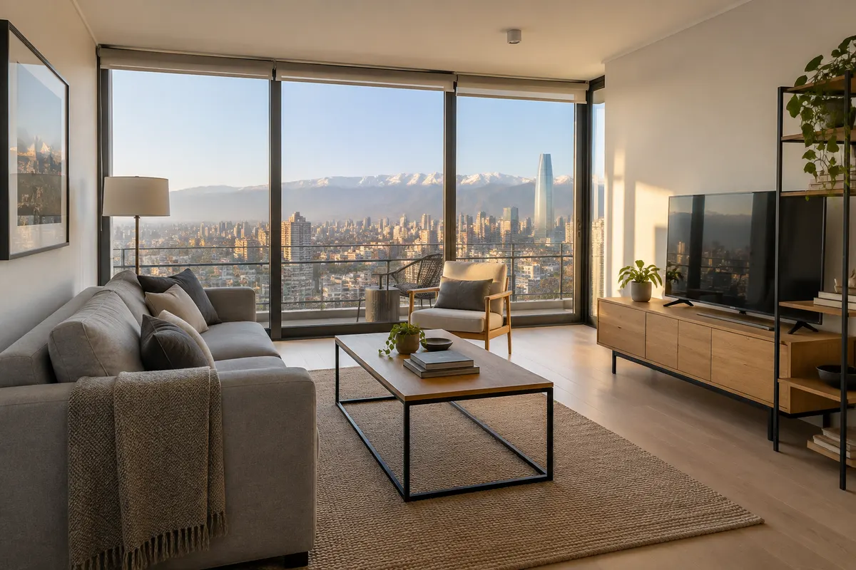 Bosquejo: living de departamento con vista a la ciudad