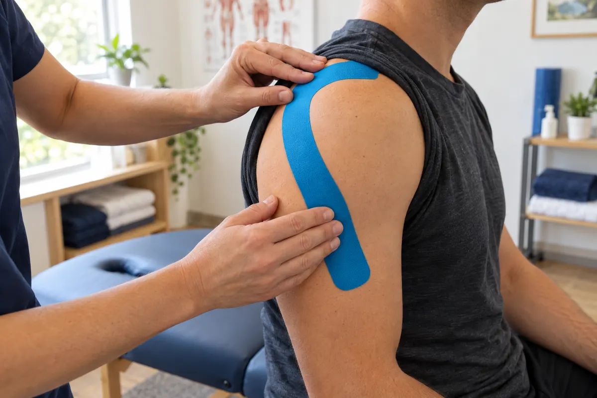 Bosquejo de referencia: kinesiólogo aplicando cinta azul de vendaje neuromuscular en el hombro de un paciente