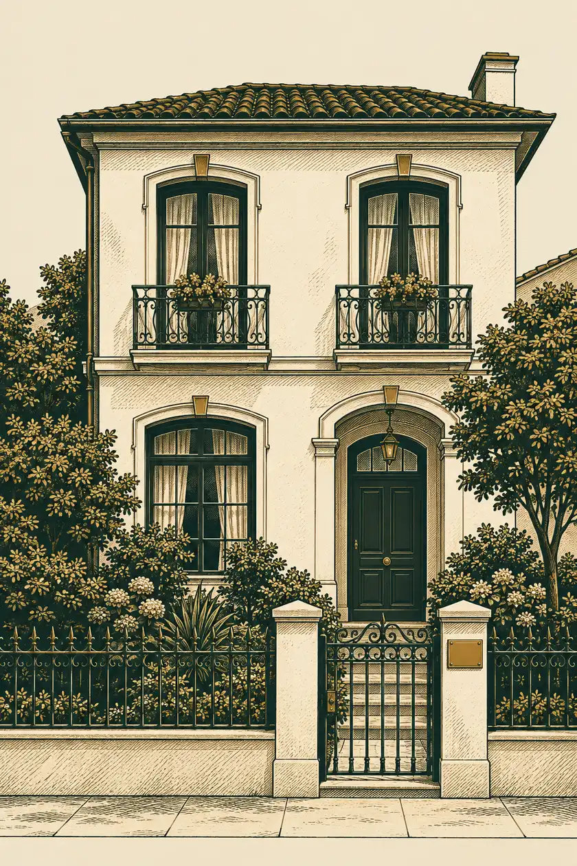 Bosquejo referencial: fachada de casa chilena con placa de bronce en la reja