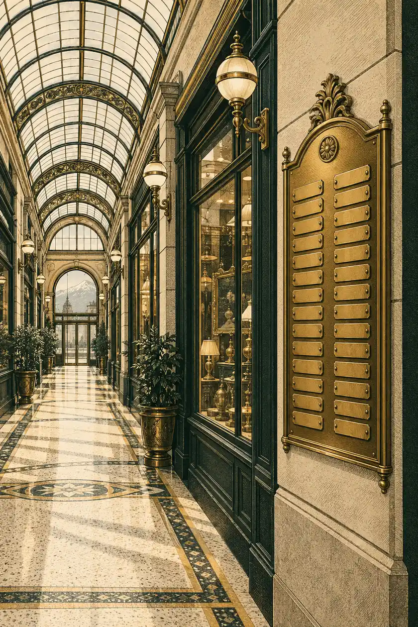 Bosquejo referencial: corredor de una galería comercial céntrica con tablero de bronce de oficinas