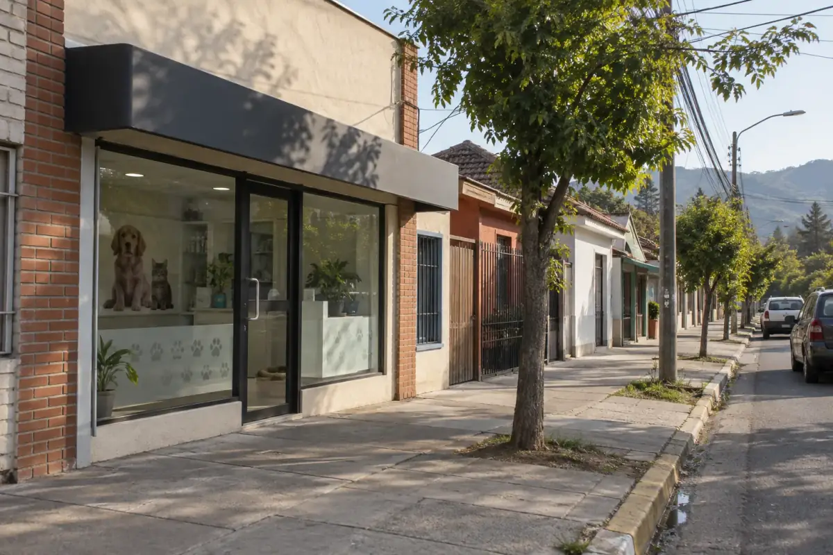 Fachada de la clínica veterinaria a nivel de calle, con vitrina y perritos en la ventana