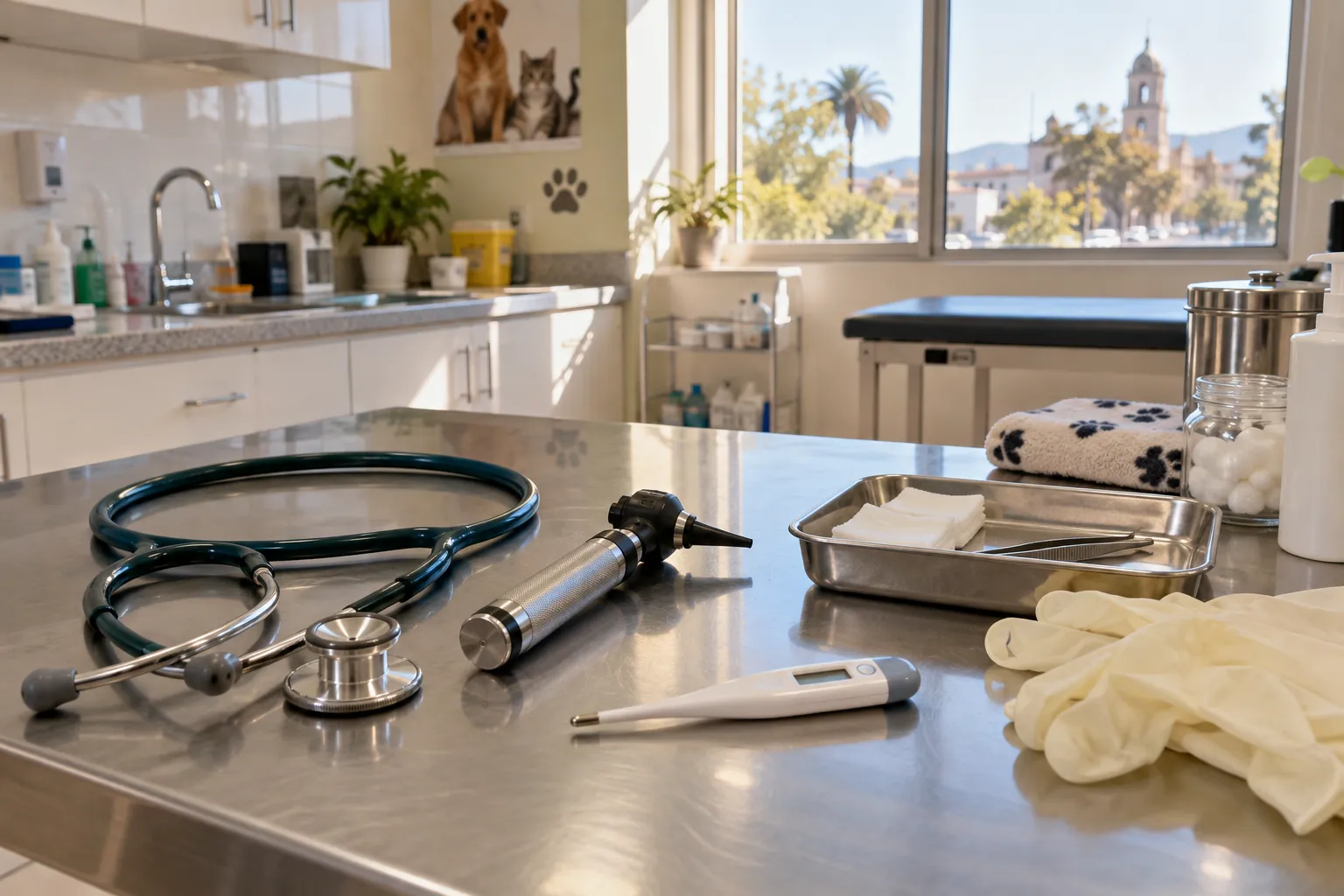 Instrumental veterinario sobre mesa de acero: estetoscopio, otoscopio, termómetro y guantes