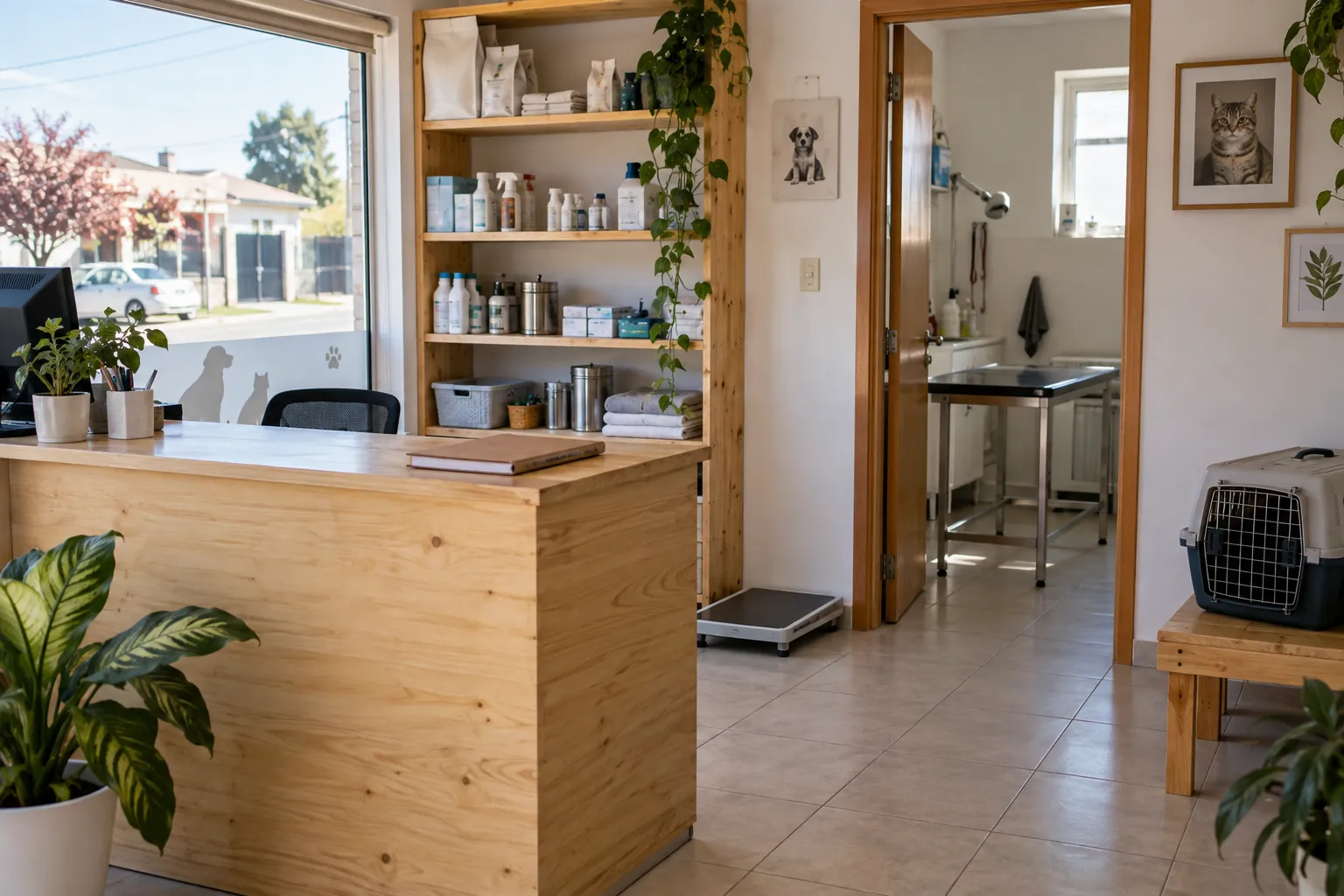 Recepción de la clínica con repisas de insumos y productos veterinarios