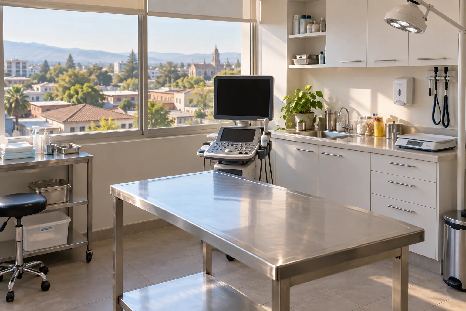 Box de atención de la clínica veterinaria CSF: mesa de acero, ecógrafo y ventana con vista a Talca