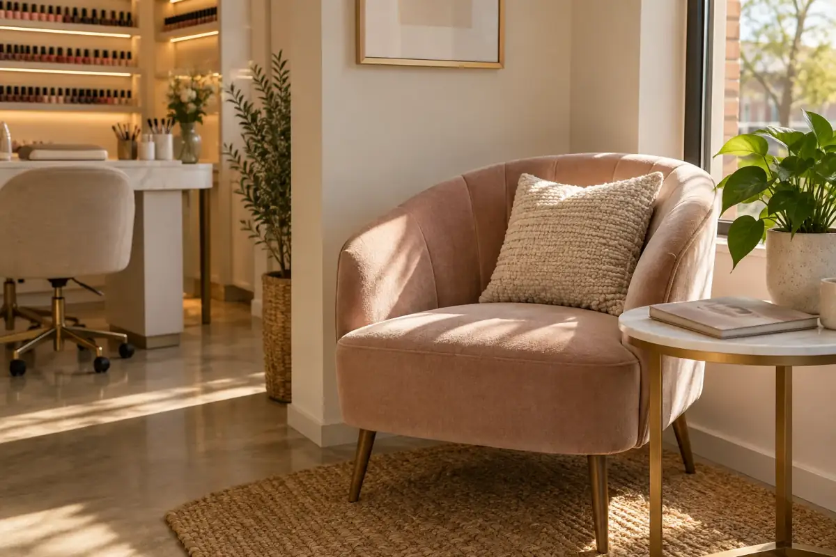 Sillón de terciopelo rosa junto a la ventana, el rincón de pedicura