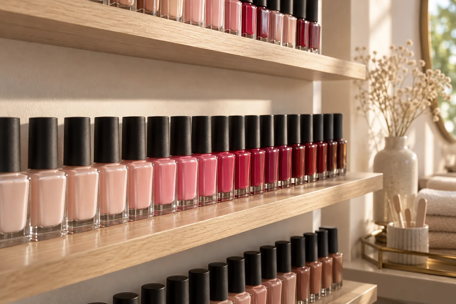Repisas de madera con esmaltes en degradé de nudes a rojos