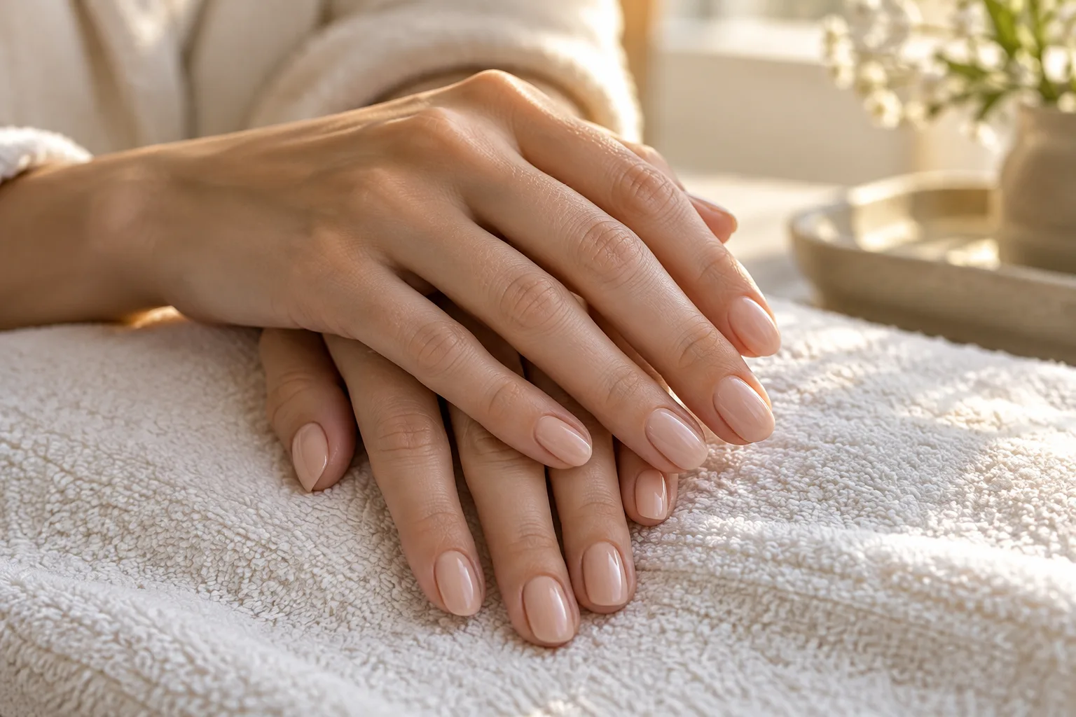 Manos con manicura nude recién terminada sobre toalla blanca