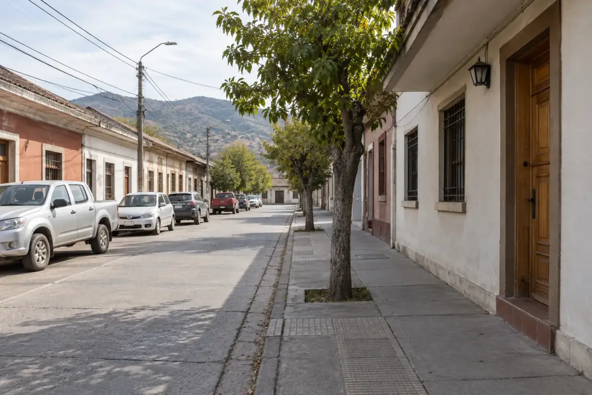 Calle arbolada de casas de fachada continua con la cordillera al fondo