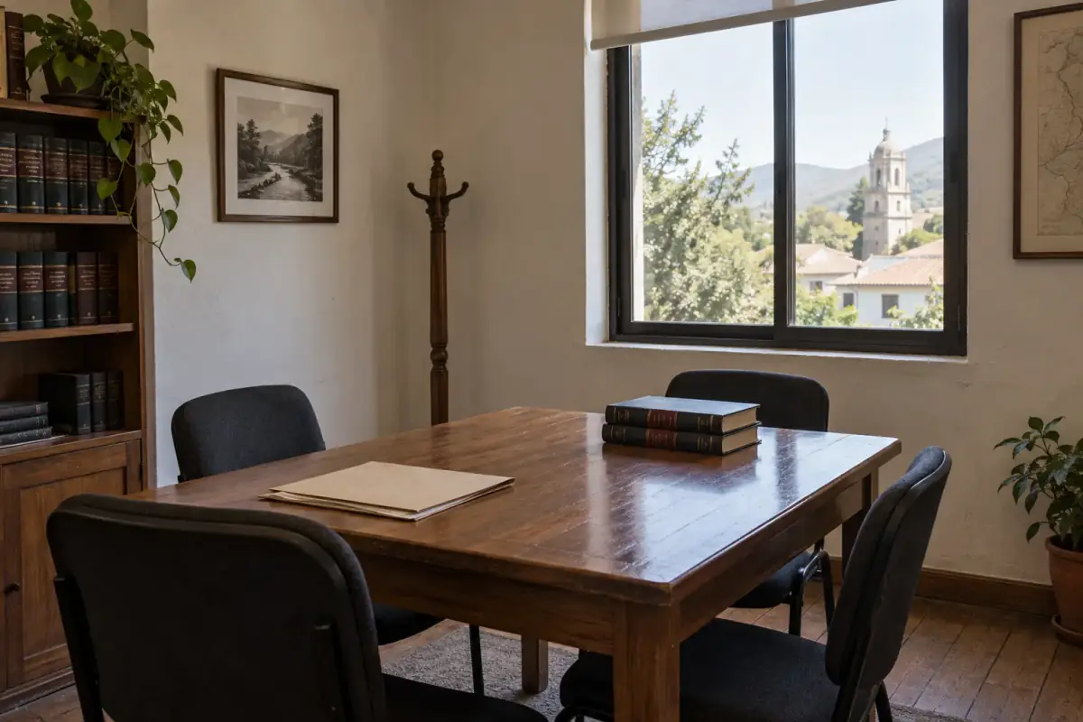 Sala de reuniones con mesa de madera, sillas y carpetas, con vista a la ciudad