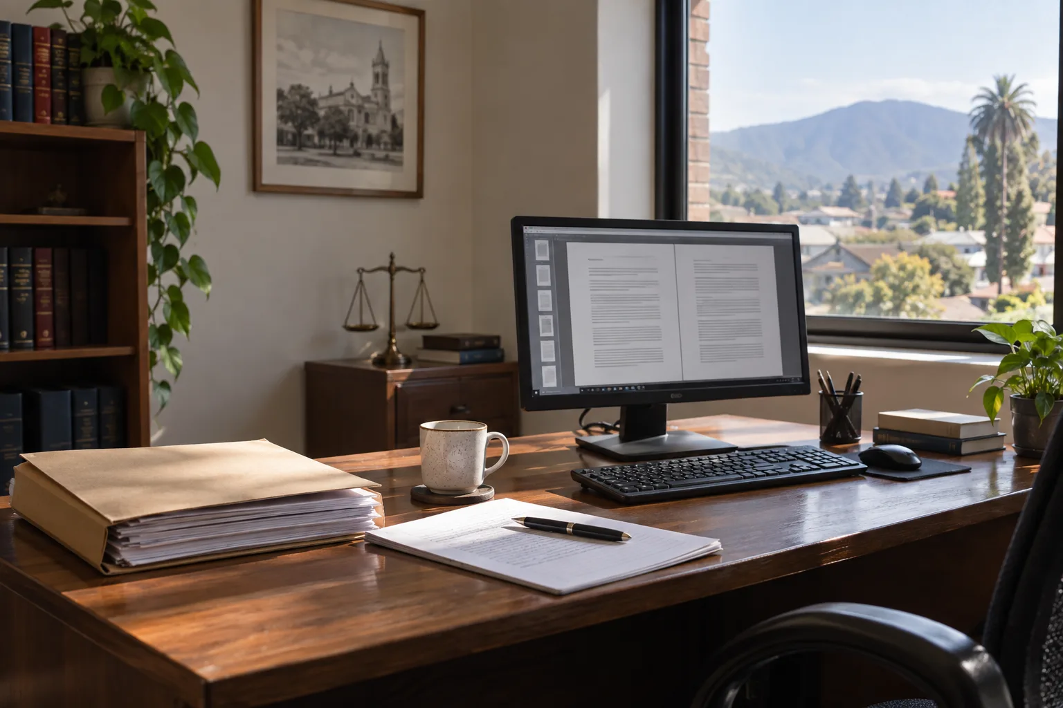 Escritorio con computador, carpeta de documentos y taza de café frente a una ventana