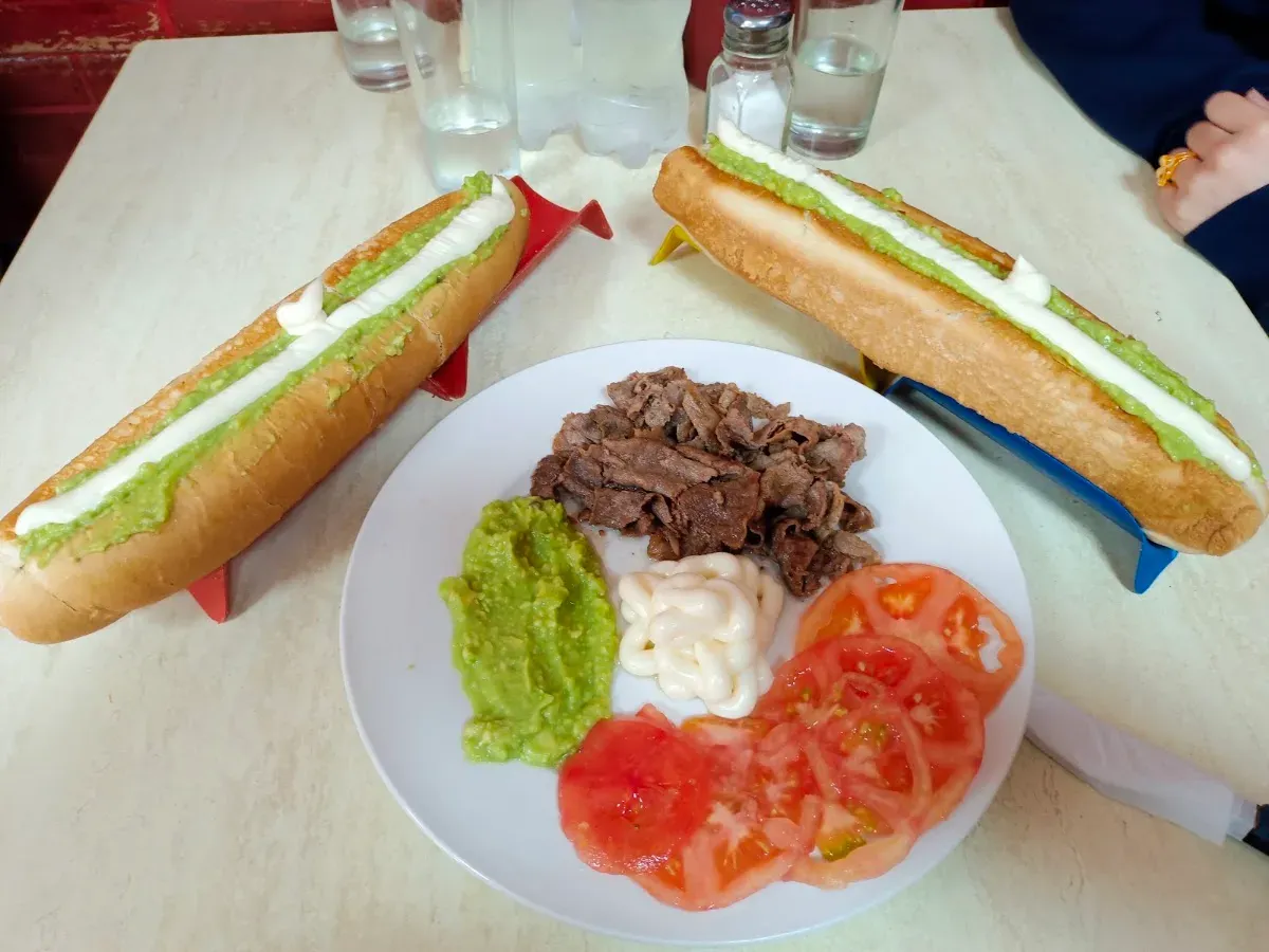 Dos completos con palta y churrasco desmenuzado en plato