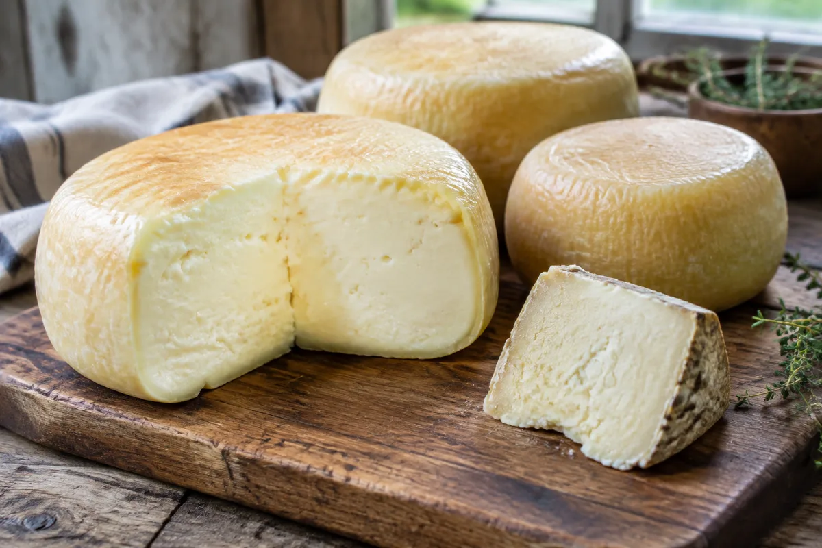 Bosquejo: ruedas de queso mantecoso sobre tabla de madera