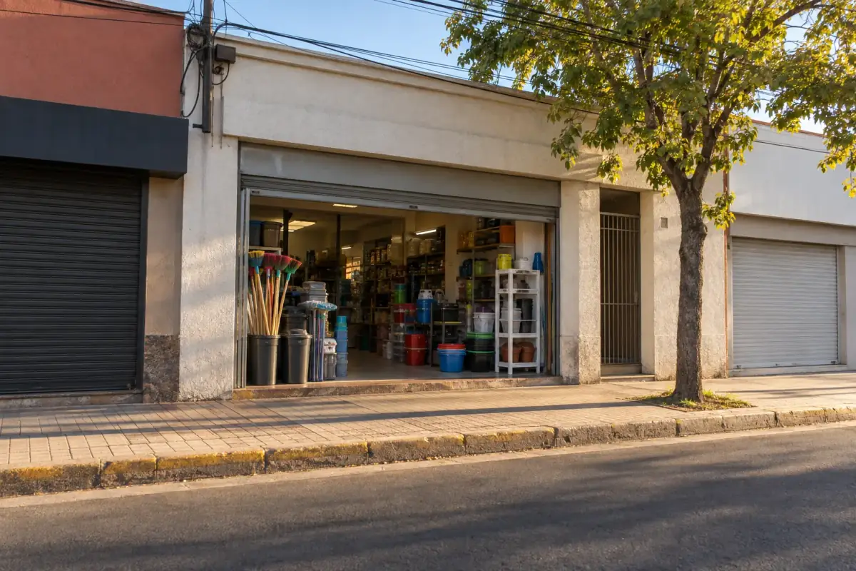 Mostrador de madera y estantes con loza, canastos y artículos de bazar