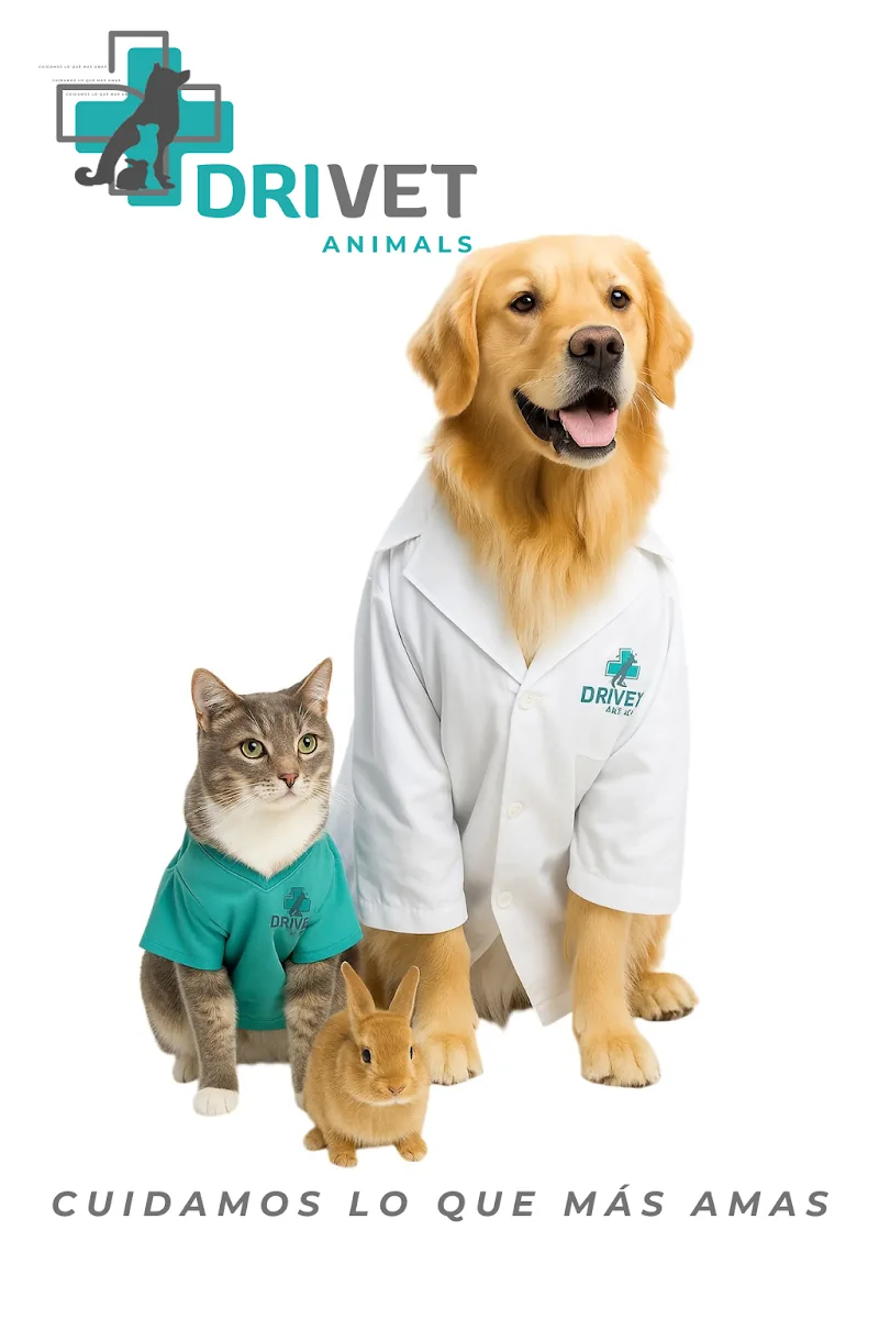 Pieza gráfica de DRIVET: el equipo veterinario con perro, gata y conejo