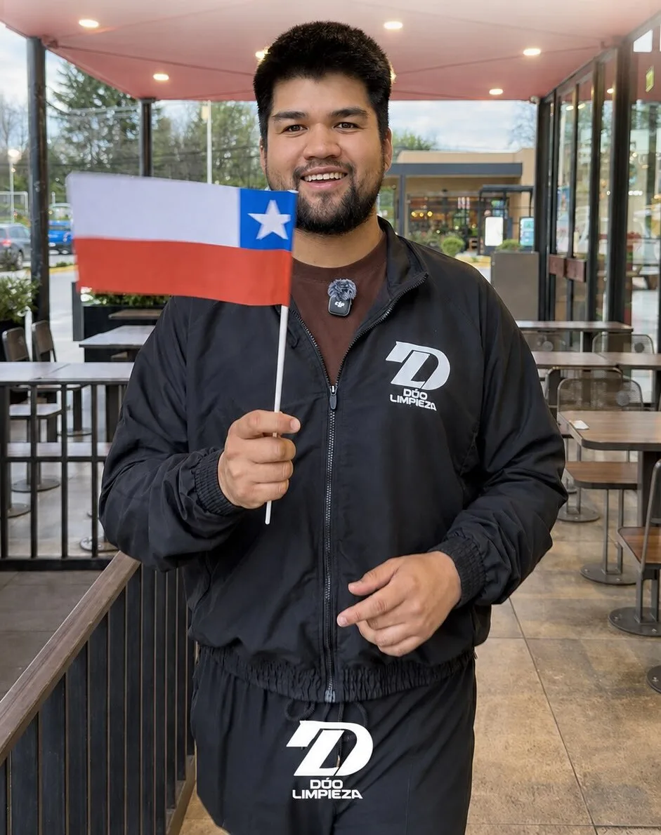 Integrante de Dúo Limpieza con bandera de Chile y uniforme de la marca