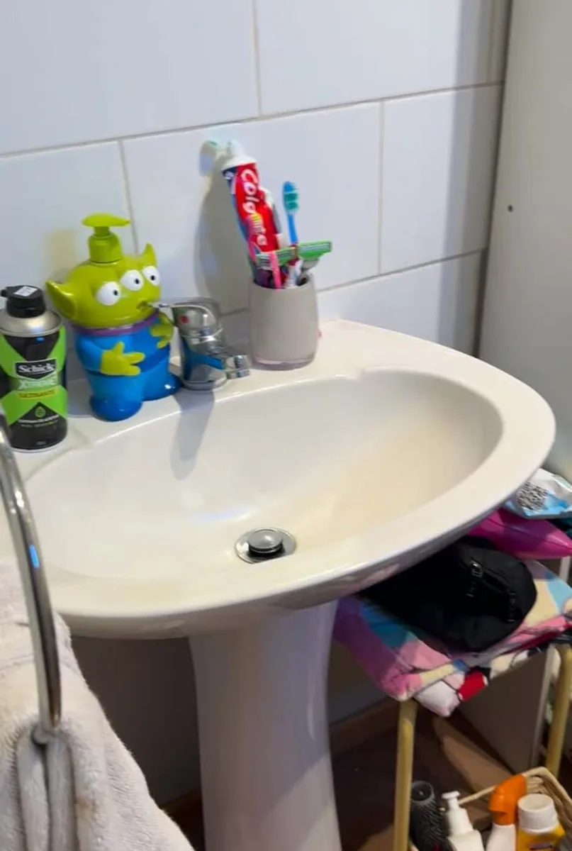 Lavamanos impecable con productos de limpieza