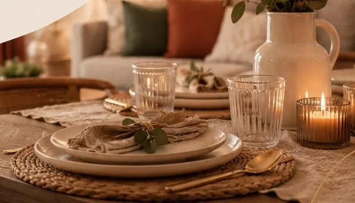 Mesa de comedor puesta y reluciente