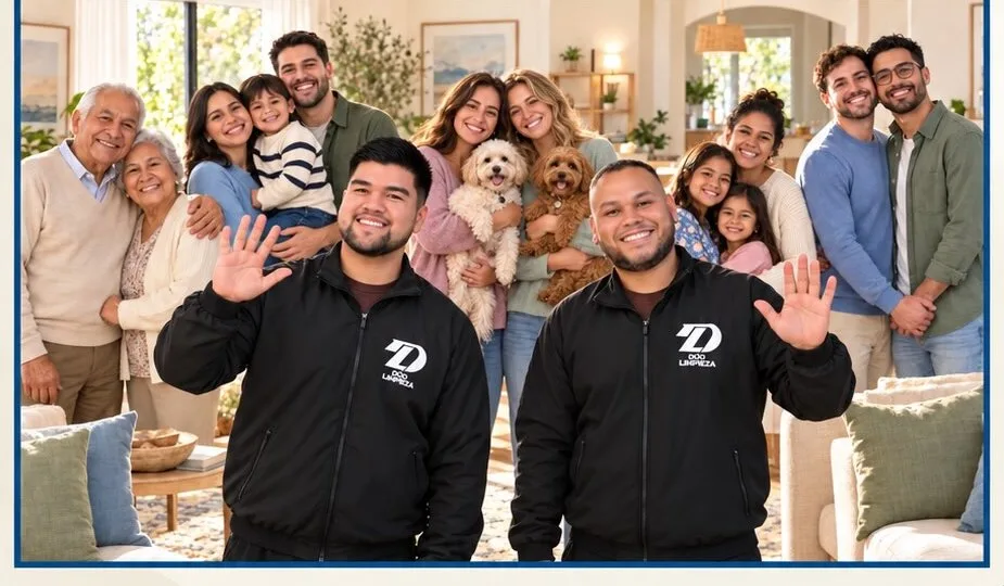 Camilo y Luis con su equipo de Dúo Limpieza con chaquetas de la marca