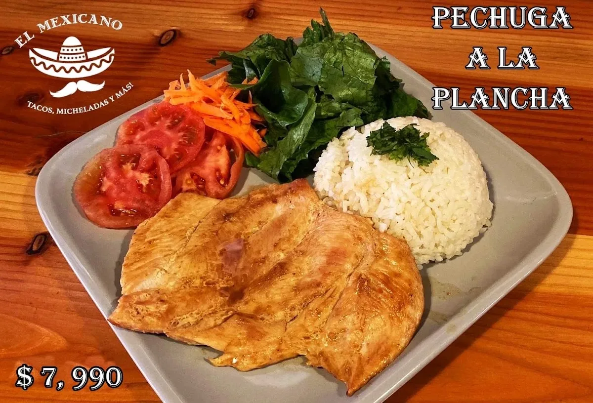 Carta de El Mexicano: pechuga a la plancha con arroz y ensalada, $7.990