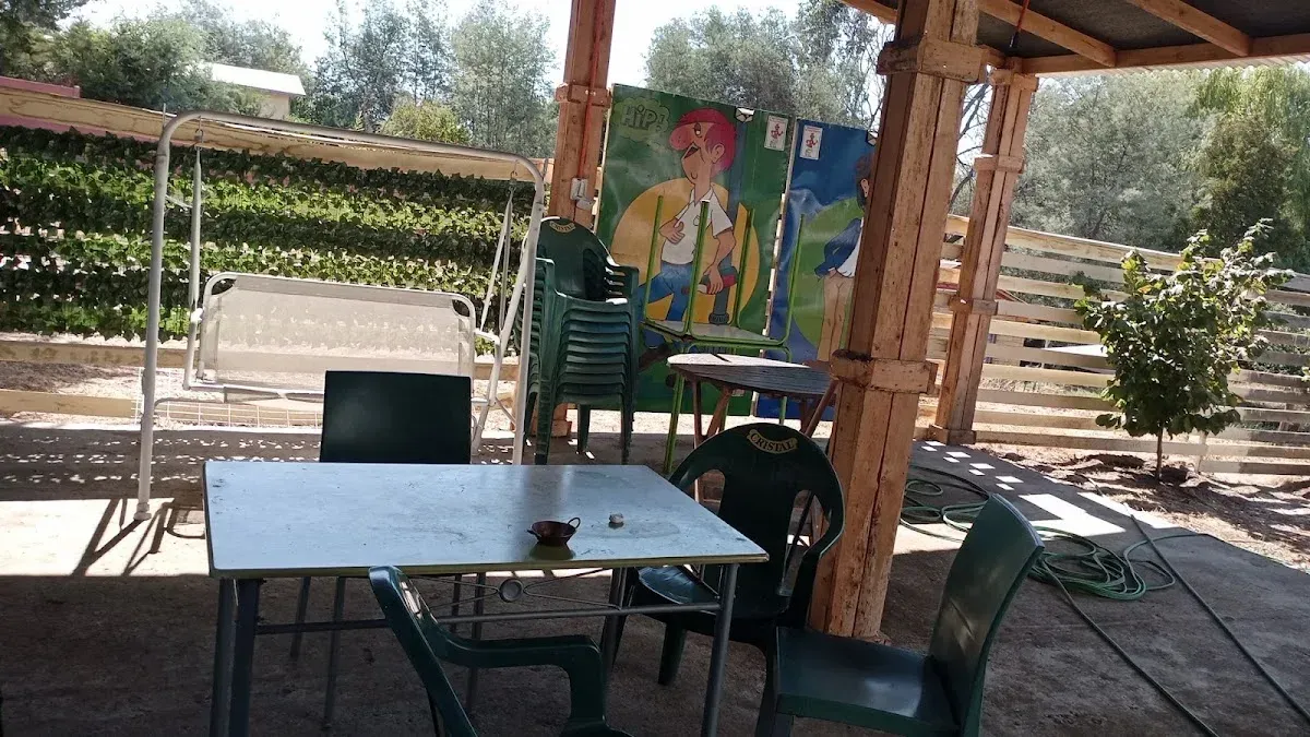 Terraza del restaurante con mesas verdes, sombra y un mural de personaje