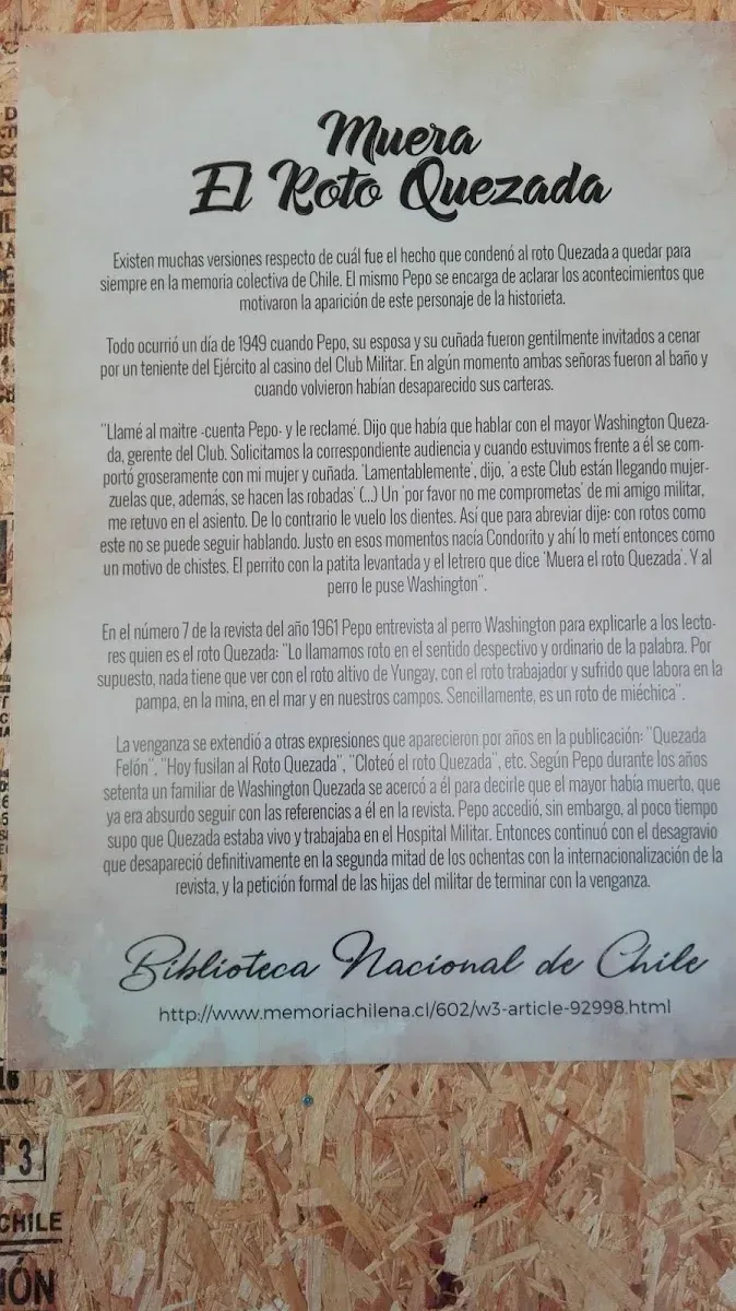 La lámina enmarcada de Memoria Chilena con la historia del roto Quezada que el restaurante exhibía en su comedor
