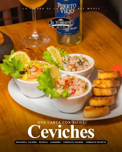Afiche de la casa: ceviches de salmón, reineta, camarón y Tumbaito, con vino Puerto Viejo