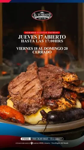 Afiche real: parrilla a la brasa con horario de Fiestas Patrias y teléfonos de reserva