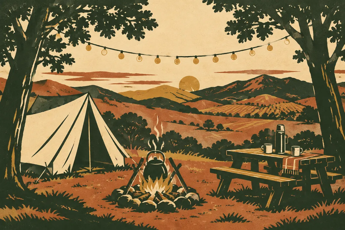 Ilustración de muestra: carpa, fogata y mesa de picnic al atardecer en el campo