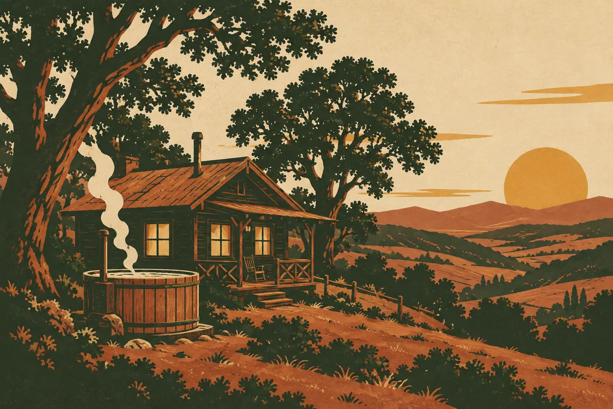 Ilustración de muestra: cabaña de madera con tinaja humeante entre cerros del secano