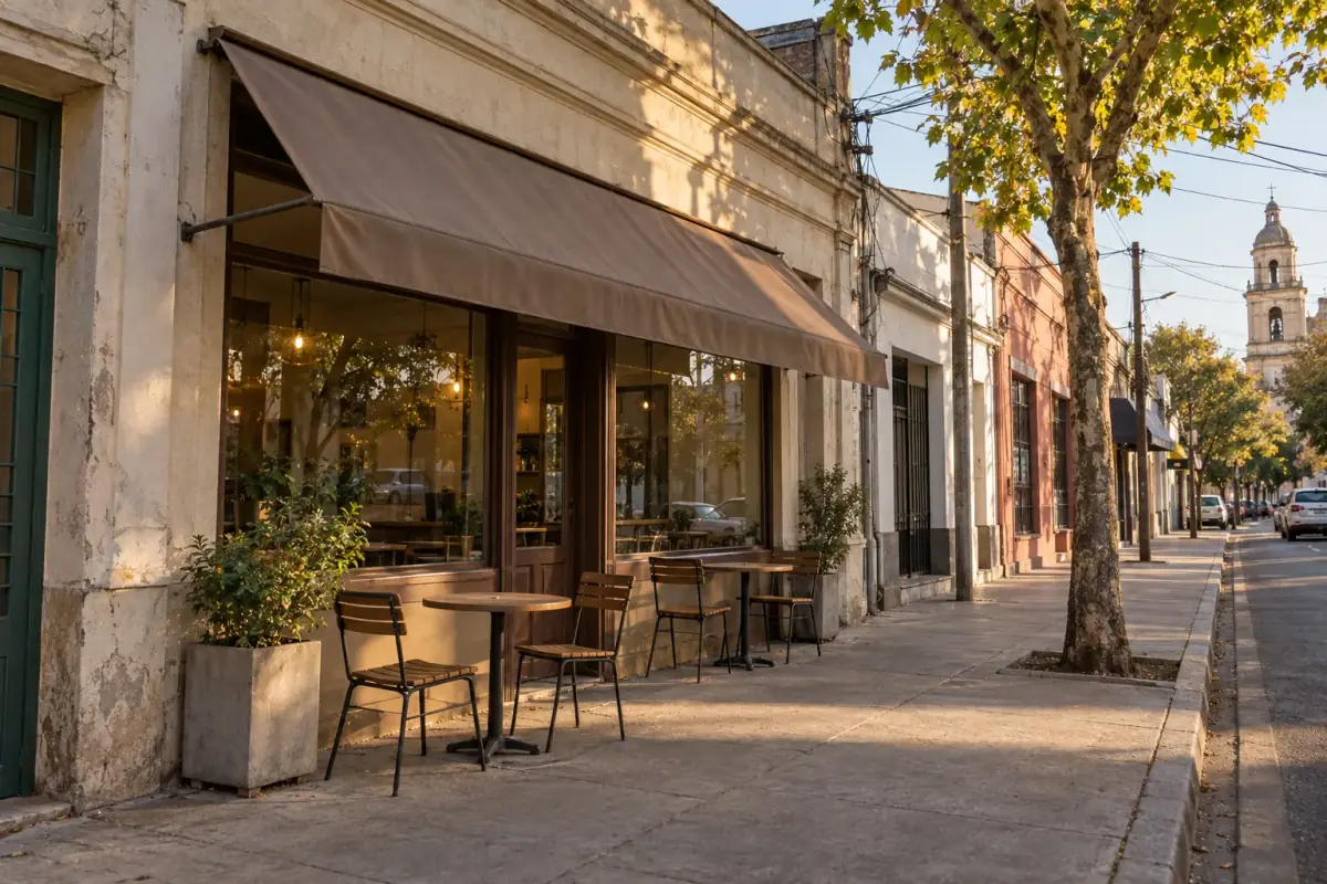 Fachada de Emporio Vintage Café en Tres Norte, con toldo y mesas en la vereda
