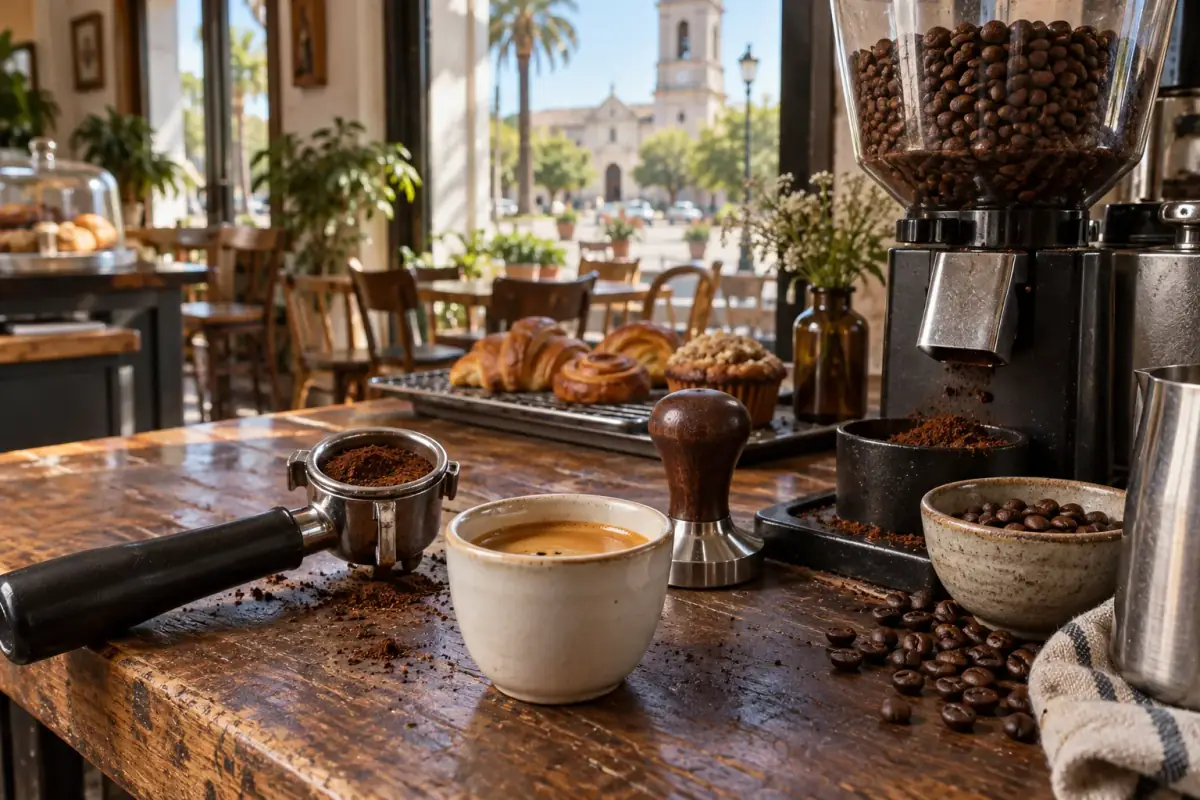 Espresso recién servido junto al portafiltro, el molino y granos de café sobre el mesón