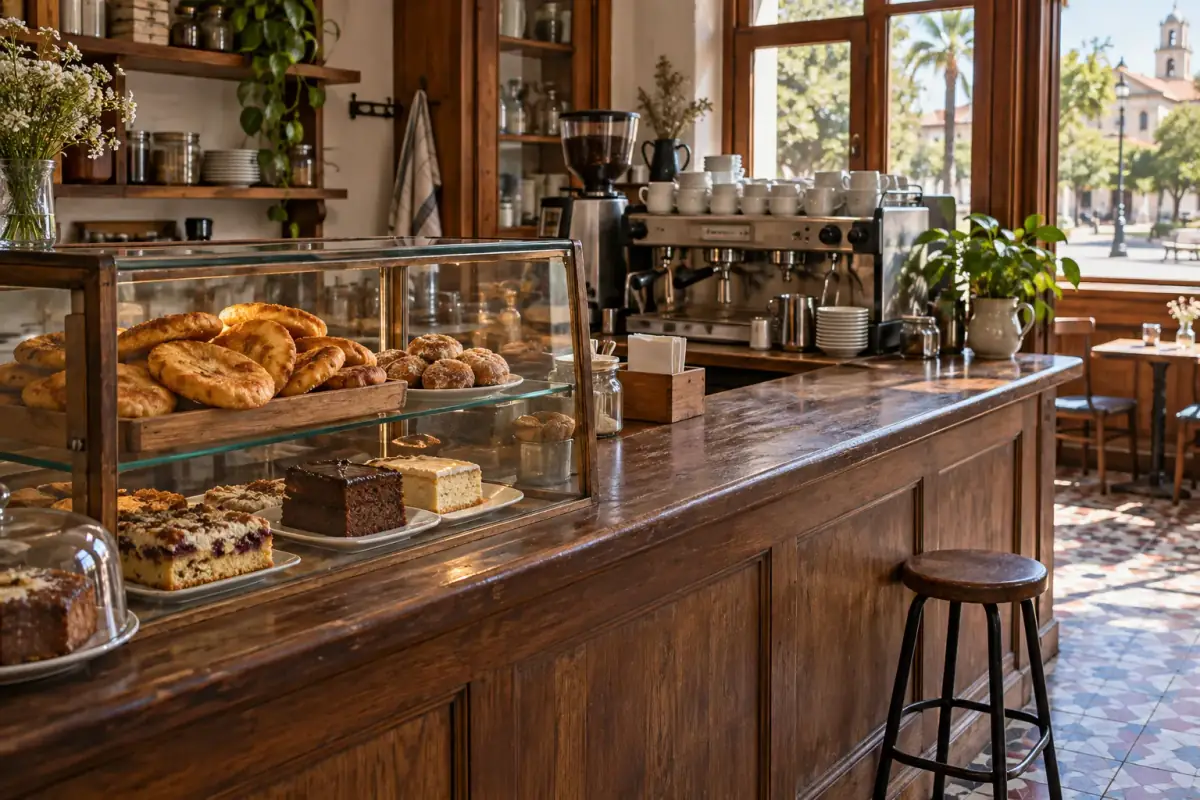 Vitrina de la cafetería con kuchen, tortas y hojaldres recién salidos del horno