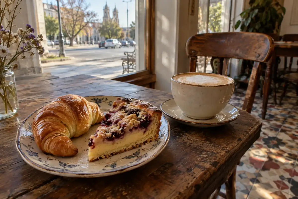 Croissant y trozo de kuchen junto a una taza de café frente a la ventana del emporio