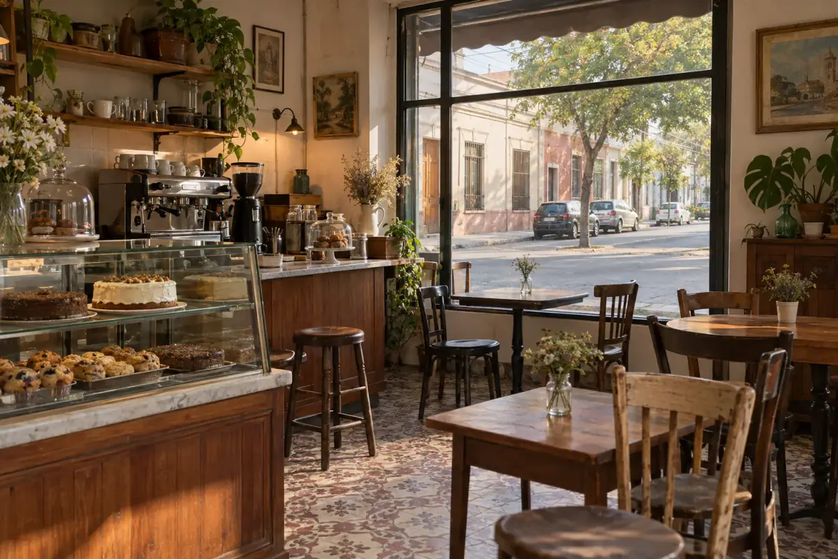 Interior del emporio: mesas de madera, vitrina con kuchen y ventanal a la calle