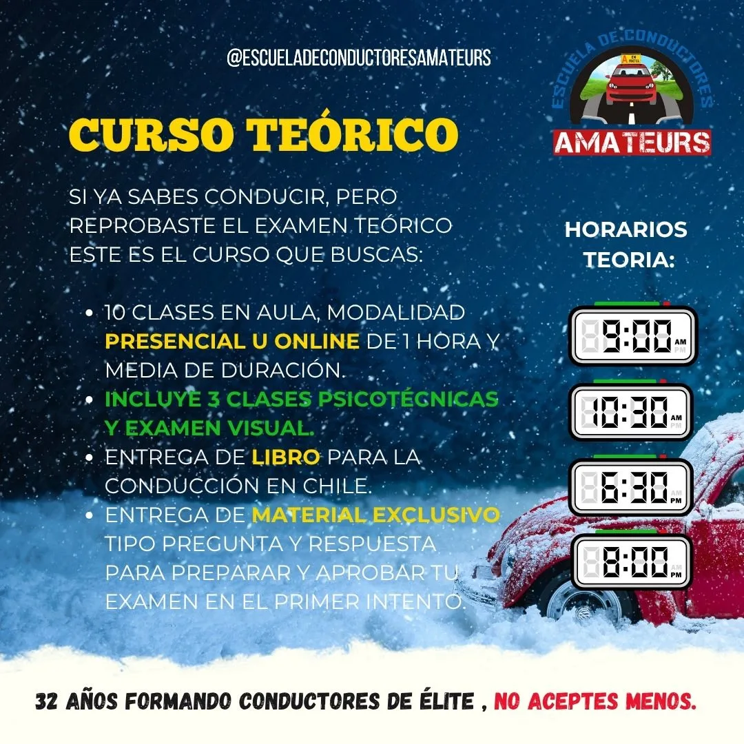 Afiche real publicado por la escuela: curso teórico de la Escuela de Conductores Amateurs