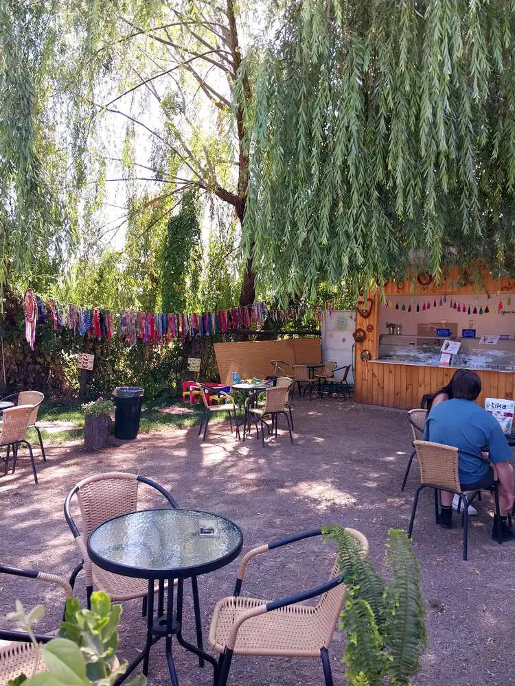 Terraza de Espacio Dominga: mesas al aire libre bajo los sauces, con banderines de colores